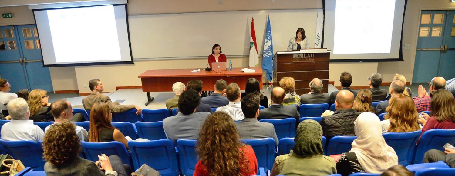 Dr Maha Shuayb, Director of the Centre for Lebanese Studies, addressing a conference.